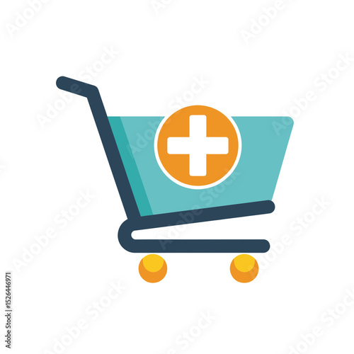 Shopping cart icon with plus sign, teal and orange color scheme, concept for online store, e-commerce, medical supplies, pharmacy, healthcare, and digital marketing