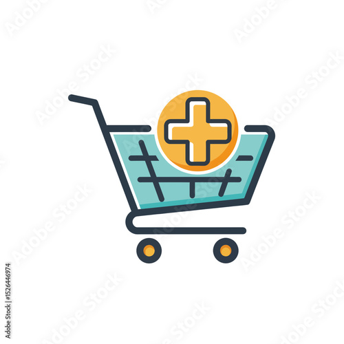 Shopping cart icon with plus sign, concept for online pharmacy, medical supplies, healthcare, e-commerce, and digital marketing
