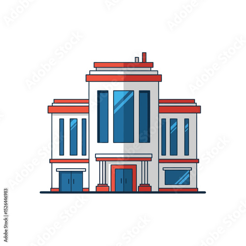 Illustration of a modern building with red and white facade, large windows, and a central entrance; concept for architecture, real estate, and business presentation
