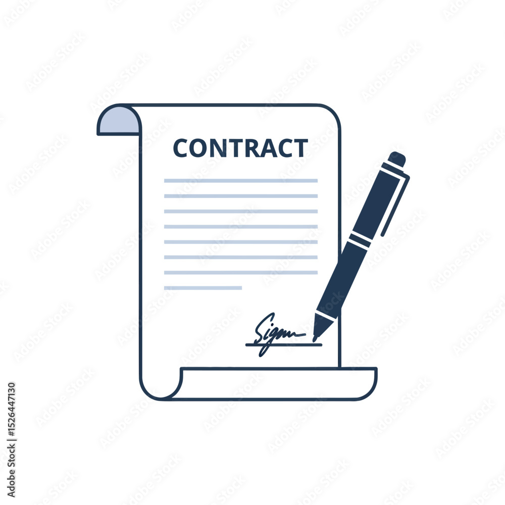 Fototapeta premium A simple illustration of a contract document with a pen signing it, concept for legal agreement, business deal, and signature