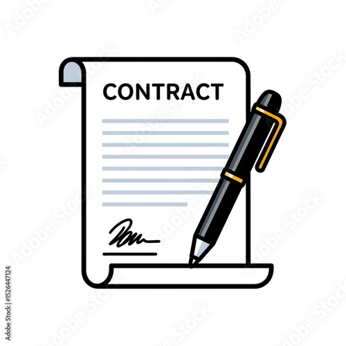 Illustration of a contract document with a pen ready for signing, concept for legal agreements and business transactions