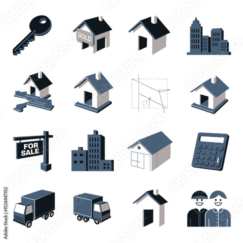 vector icons real estate business house key, symbolizing ownership new home House Sold Sign icon "Sold" sign in front, representing successful real estate 
