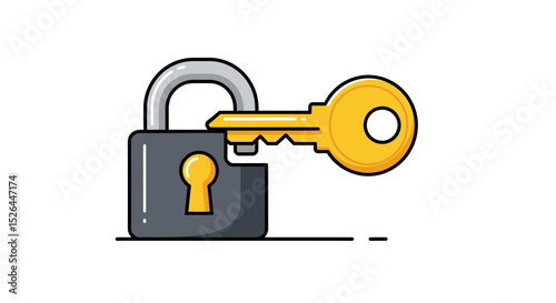 A simple illustration of a gold key unlocking a dark gray padlock on a transparent background, concept for security, safety, and access