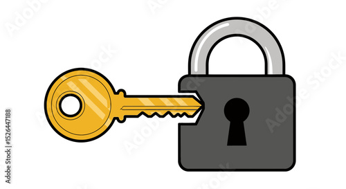 A golden key inserted into a gray padlock on a transparent background, concept for security, safety, and access