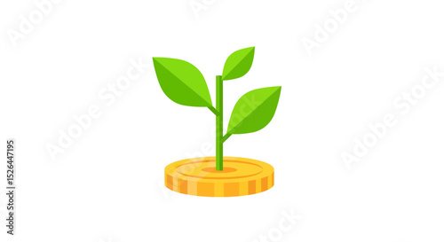 A stylized illustration of a green plant sprouting from a gold coin on a transparent background, concept for financial growth and investment