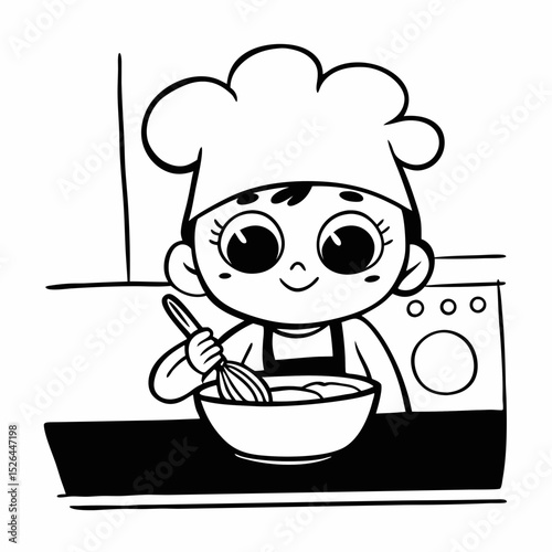 Vector cute Baby cartoon character wearing chef hat and cooking cake