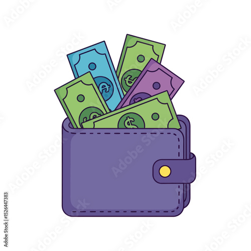Purple wallet overflowing with various colorful banknotes, concept for finance, banking, and wealth management