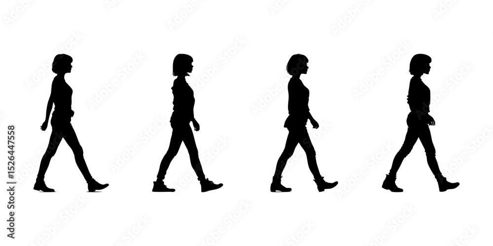 Obraz premium Walking Woman Silhouette Icon Set. Female Movement And Gait Observation Symbol Collection. Fashion And Posture Reference For Designers And Animators. Isolated Vector Illustration
