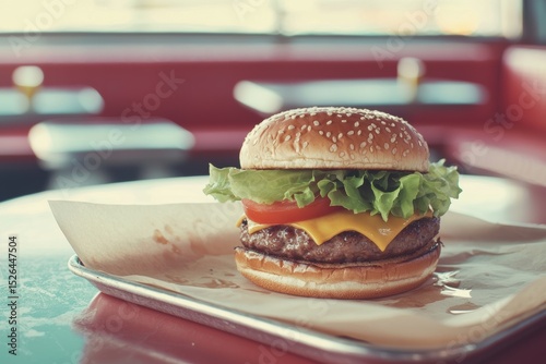 Classic Cheeseburger On Tray In Retro Diner Setting With Nostalgic Vibes. Evokes Memories Of Vintage American Dining