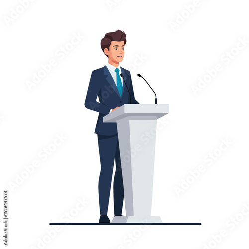 Smiling businessman giving a speech at a podium, business presentation concept