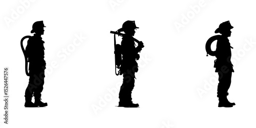 Firefighter Silhouette Icon Set. Emergency Response And Safety Equipment Symbol Collection. Firefighting And Rescue Services Visuals. Isolated Vector Illustration