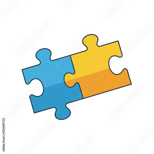 Two interlocking puzzle pieces, blue and yellow, on a transparent background; concept for teamwork, collaboration, and problem-solving solutions