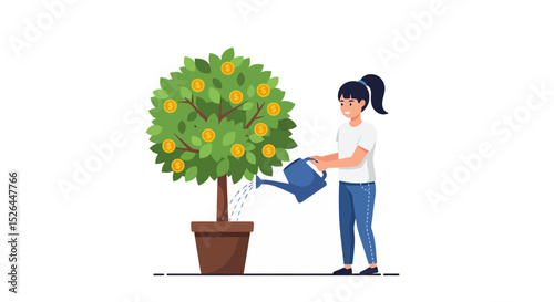 Woman watering money tree in pot, concept for financial growth, investment, and wealth