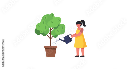 A girl watering a money tree in a pot, concept for financial growth, investment and wealth
