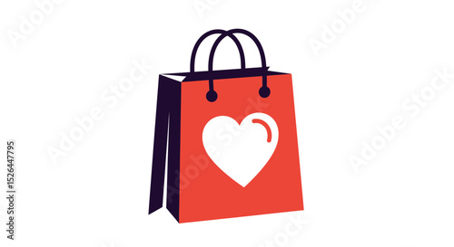 Red shopping bag with white heart icon on transparent background, concept for Valentine's Day gifts, branding, and e-commerce marketing
