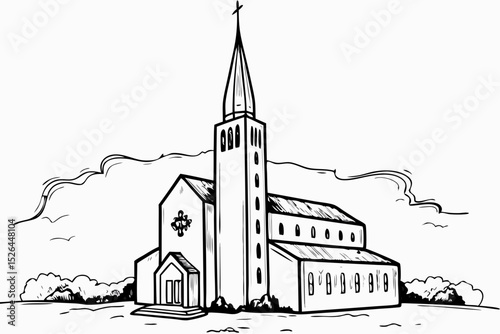 Sketch of a church with a tall spire against a cloudy background  