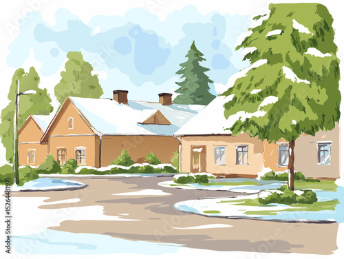 Cozy winter cottage surrounded by snow-covered trees and road  