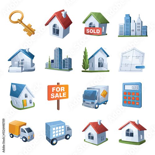 vector icons real estate business house key, symbolizing ownership new home House Sold Sign icon "Sold" sign in front, representing successful real estate 
