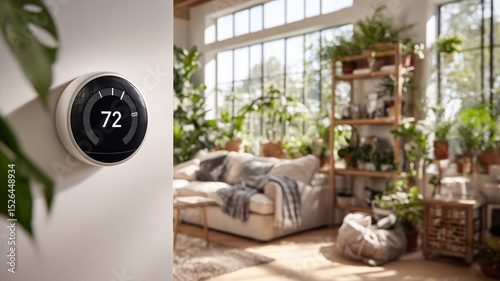 Stylish smart thermostat enhances modern living space with greenery and comfort