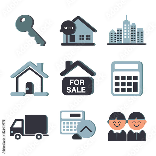 vector icons real estate business house key, symbolizing ownership new home House Sold Sign icon "Sold" sign in front, representing successful real estate 
