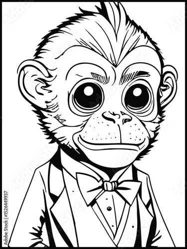 Monkey Gentleman: A detailed black and white drawing of a sophisticated monkey, dressed in formal attire, exuding charm and elegance.