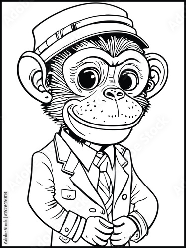 Monkey in Suit: A friendly chimpanzee dressed in a suit and tie and wearing a hat, standing upright with a human expression, ready to strike the deals.