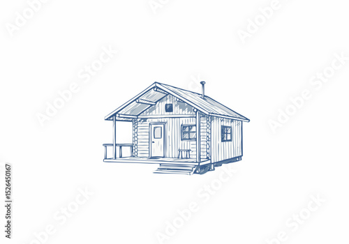 Hand-drawn wooden cottage with porch in traditional style  