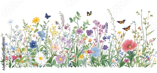 A colorful wildflower meadow with butterflies and bees, illustrated in soft pastel colors on white background