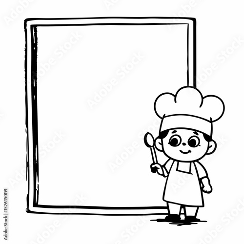 Vector cute Baby chef standing beside an empty signboard