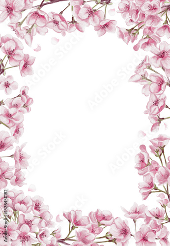 Cherry blossom frame. Sakura blossom. Small pink flowers. Petals and branches. Spring festival. Watercolor illustration without background. Hand drawing.