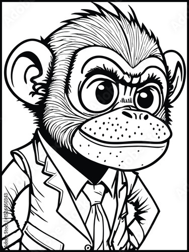Clever Chimp in Suit: A smart, cartoon chimp dressed in a formal business suit, exuding intelligence and confidence, ideal for projects needing a touch of wit and professional flair.