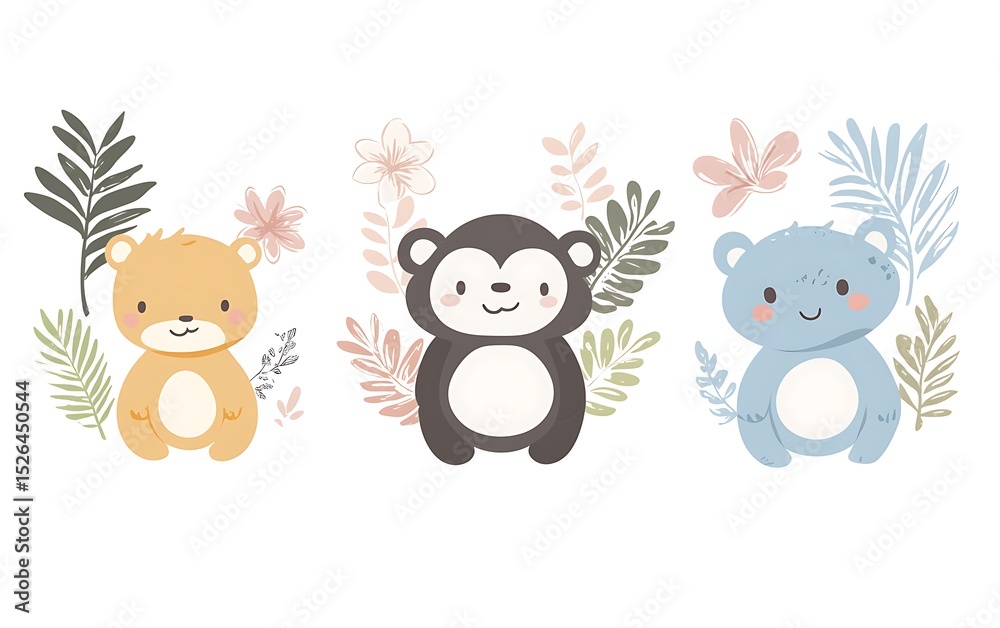 Naklejka premium A cute animal set with a panda, monkey, and turtle in pastel colors on a white background