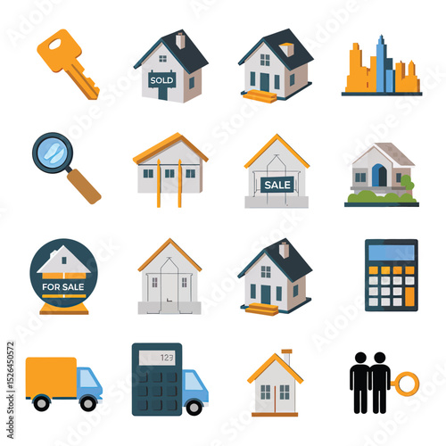 vector icons real estate business house key, symbolizing ownership new home House Sold Sign icon "Sold" sign in front, representing successful real estate 
