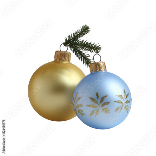 Two festive Christmas ornaments, one gold and one blue, adorned with elegant designs, with a pine branch, perfect for holiday decorations.