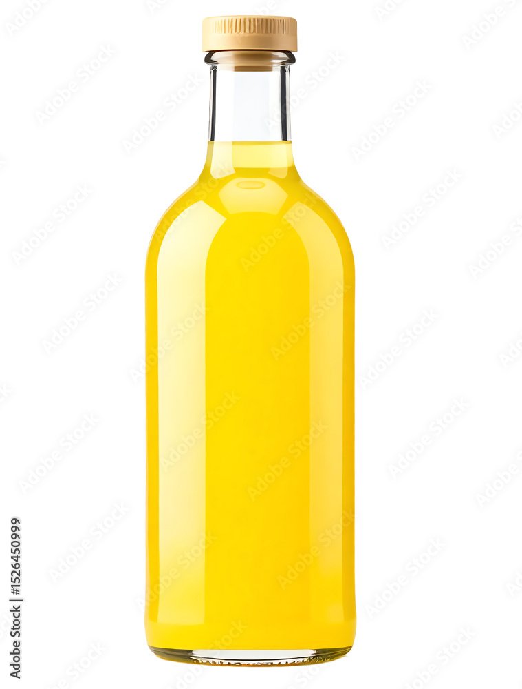 A clear glass bottle filled with bright yellow liquid, showcasing freshness and vibrant color for beverage themes.