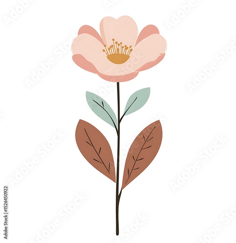 A cute pink flower with golden leaves, a simple flat illustration, clip art-inspired graphic design, on a white background