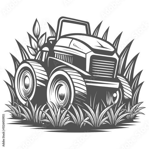 Lawn tractor in grass silhouette