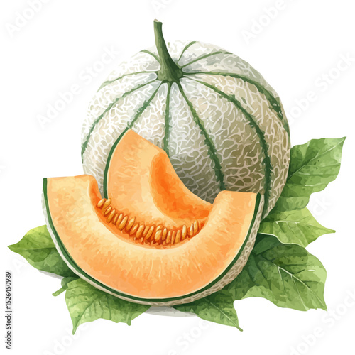 Cantaloupe, watercolor painting vector, high quality, isolated on a white background.