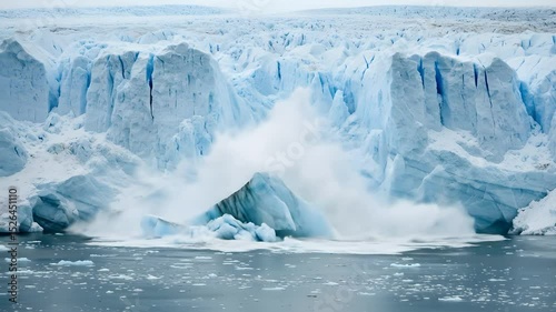 Dramatic Glacier Calving Ice Breaking Into Ocean in Climate Change Scene