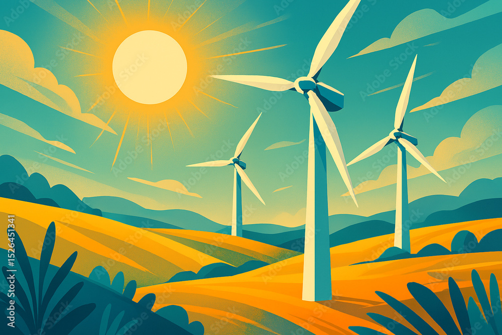 Fototapeta premium Majestic wind turbines stand against bright sky, harnessing power of nature to generate clean energy. futuristic landscape symbolizes sustainability, innovation, and transition to renewable resources.