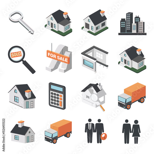 vector icons real estate business house key, symbolizing ownership new home House Sold Sign icon "Sold" sign in front, representing successful real estate 
