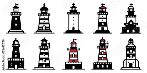 Lighthouse icon design set featuring a tower and beacon in black yellow cyan magenta