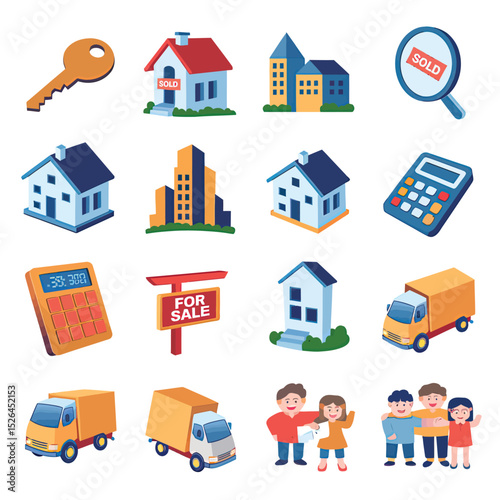 vector icons real estate business house key, symbolizing ownership new home House Sold Sign icon "Sold" sign in front, representing successful real estate 
