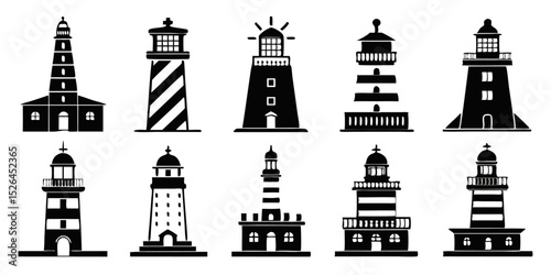 Lighthouse icon set a collection of tower and beacon illustrations for design projects