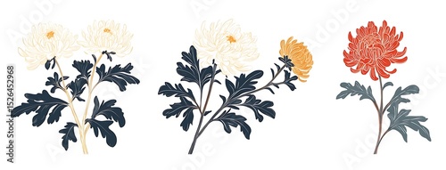 three chrysanthemum flowers in pastel yellow, pink, and orange on a white background