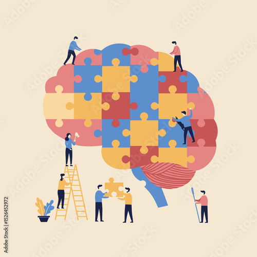 People assembling puzzle pieces on oversized brain illustration  