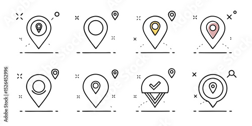 Location pin map line icon set with compass and distance markers for navigation applications