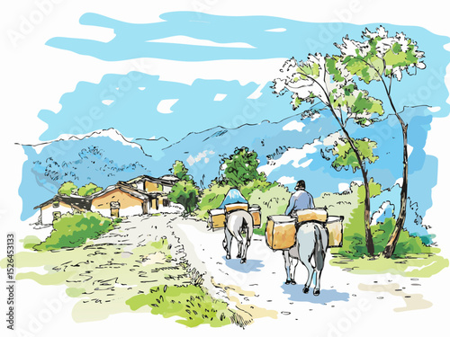 Two men walking with packs on donkeys along a rural path 