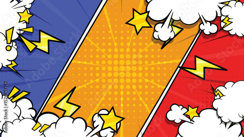 Colorful cartoon comic pop art background with full vector clouds and editable