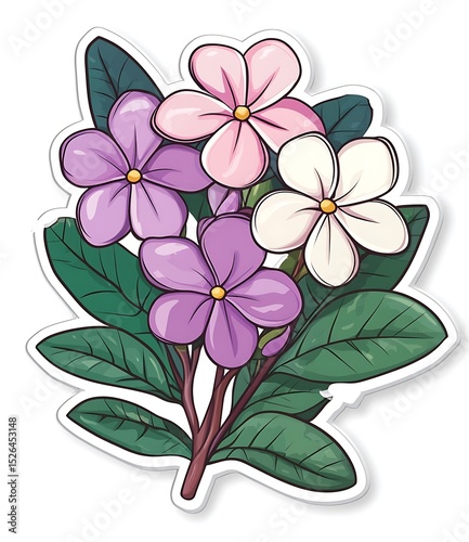 Vector sticker, a simple design of frangipani flowers in purple and pink on a white background